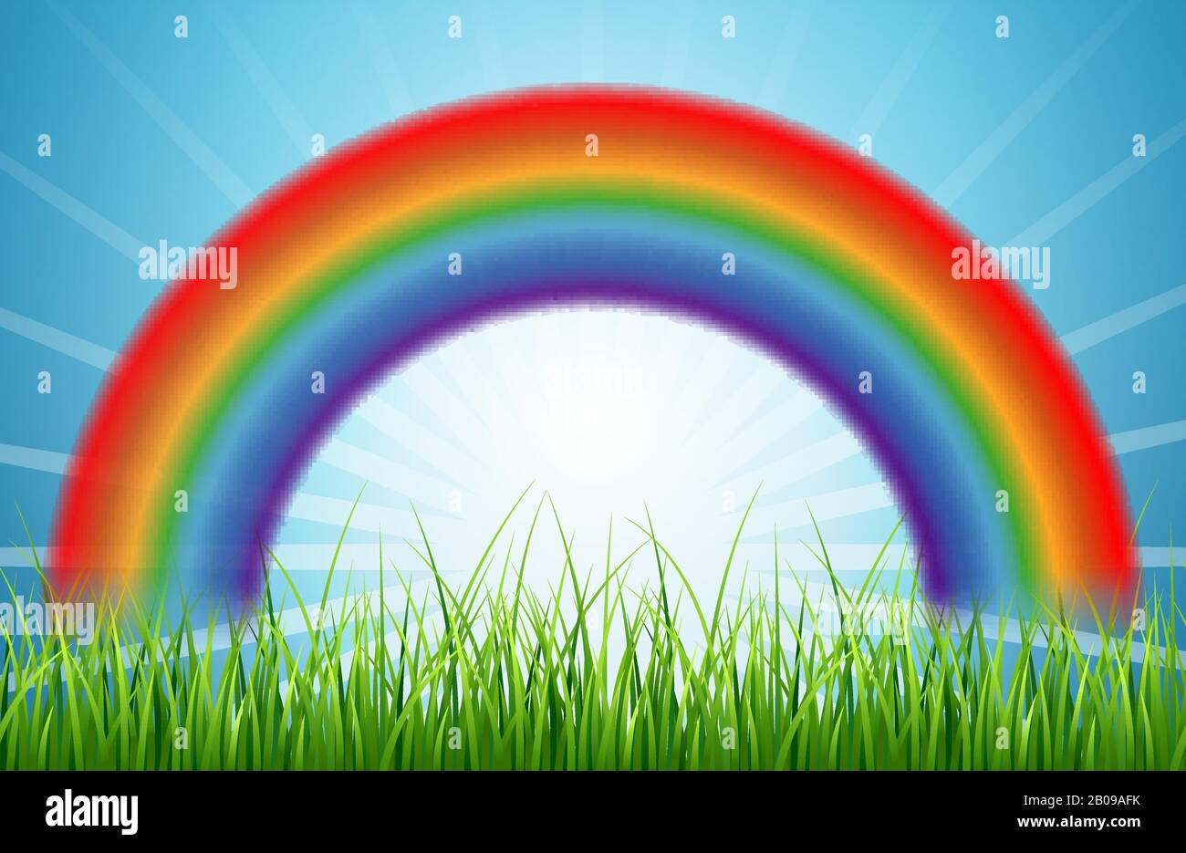 Bright rainbow blue sky with rising sun and green grass. Meadow background with rainbow, vector illustration Stock Vector