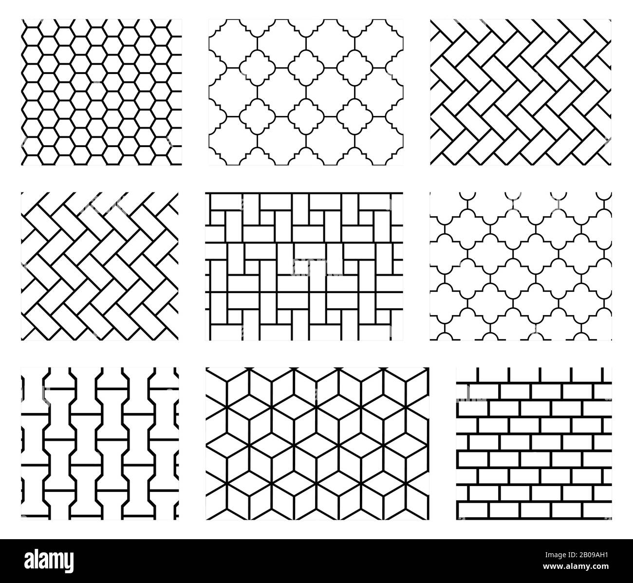Set of vector tile seamless patterns in black and white. Background abstract of set illustration Stock Vector