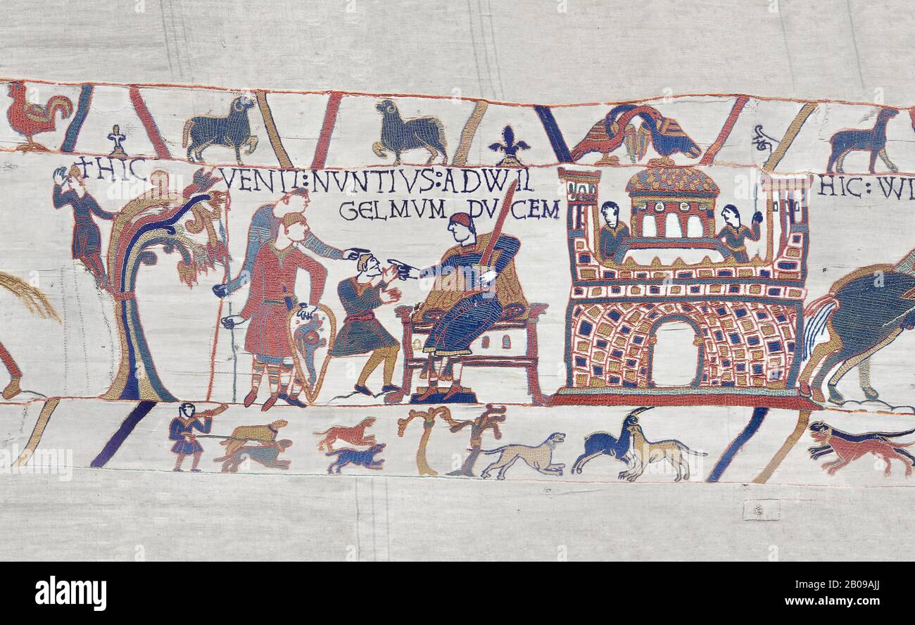 Bayeux Tapestry scene 12 : William gives orders to his messengers for Harolds release, BYX12 Stock Photo