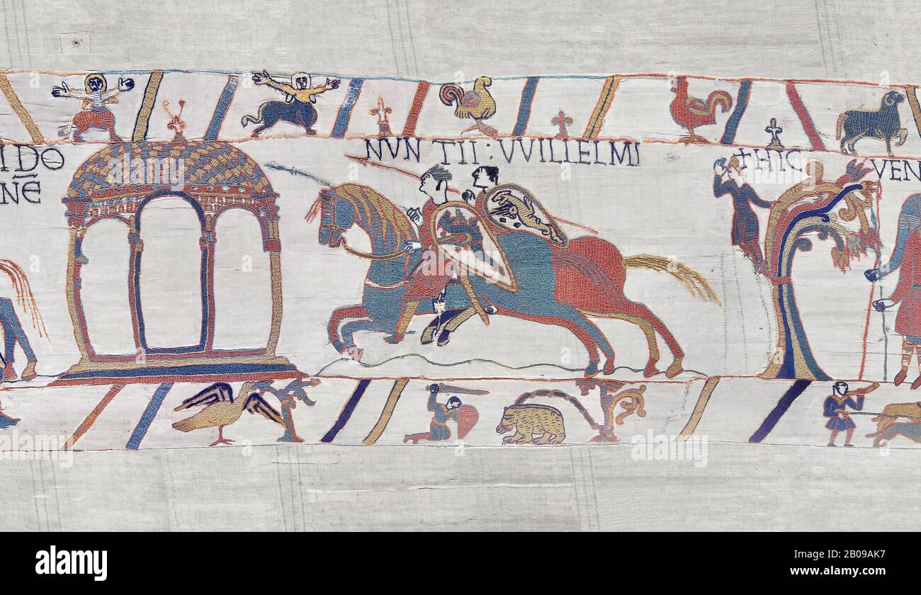 Bayeux Tapestry scene 11 :  Two messengers rush from William to Guy de Ponthieu with orders fro Harolds release.  BYX11 Stock Photo