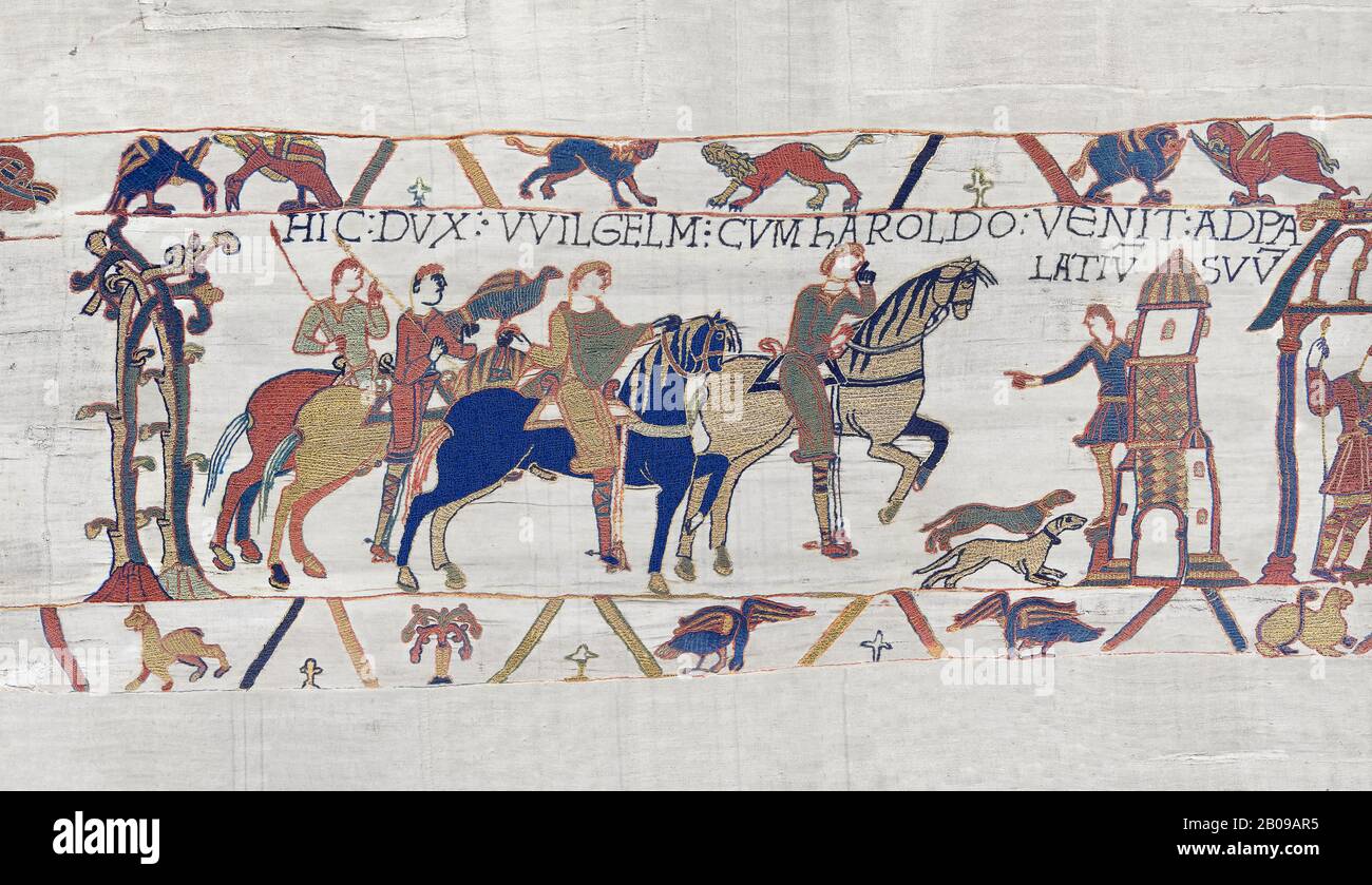 Bayeux Tapestry scene 14: Harold arives at Duke William of Normandy Castle. BYX14 Stock Photo
