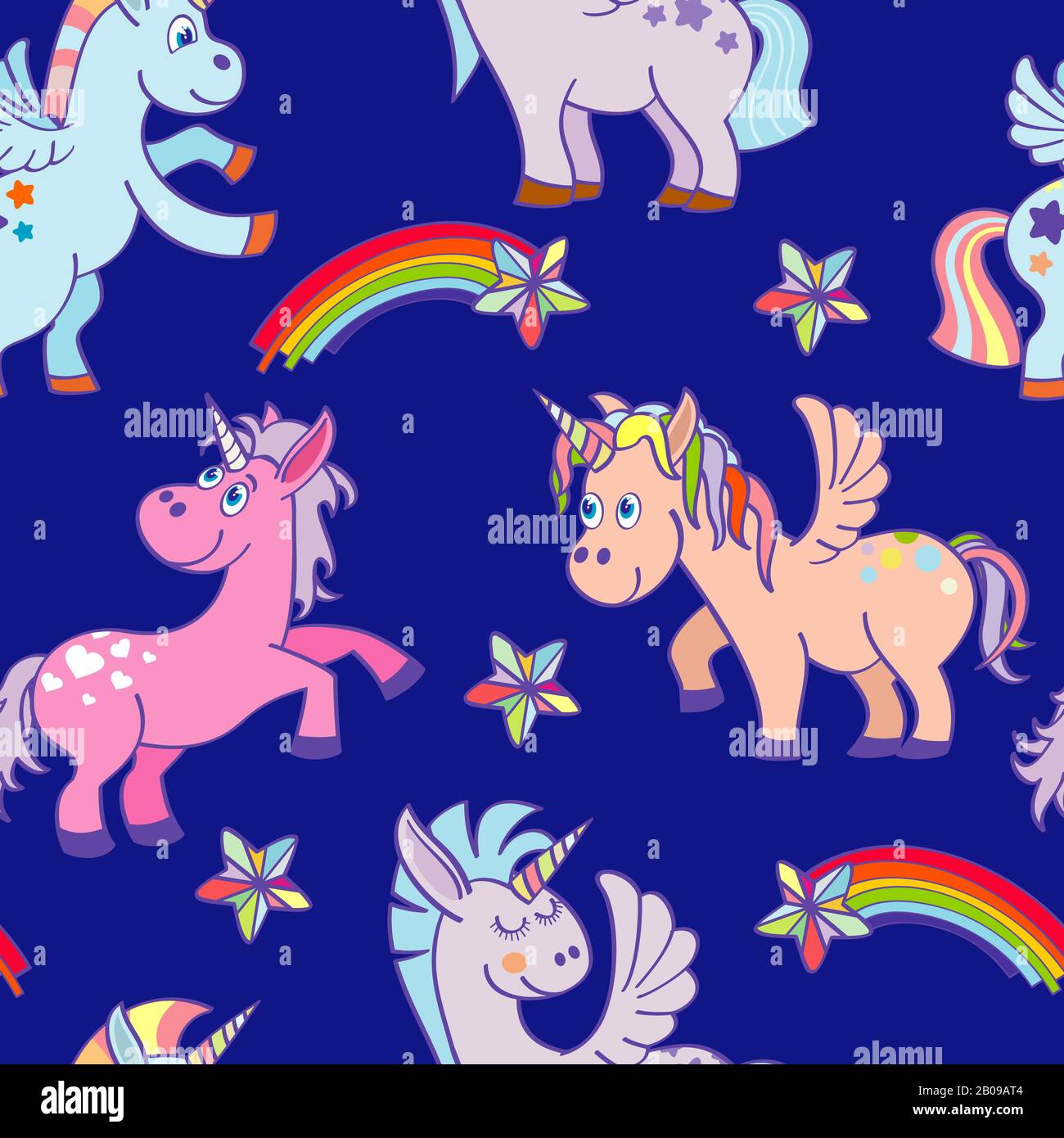 Vector hand drawn unicorns seamless pattern rich blue sky. Funny fairytale pony illustration Stock Vector