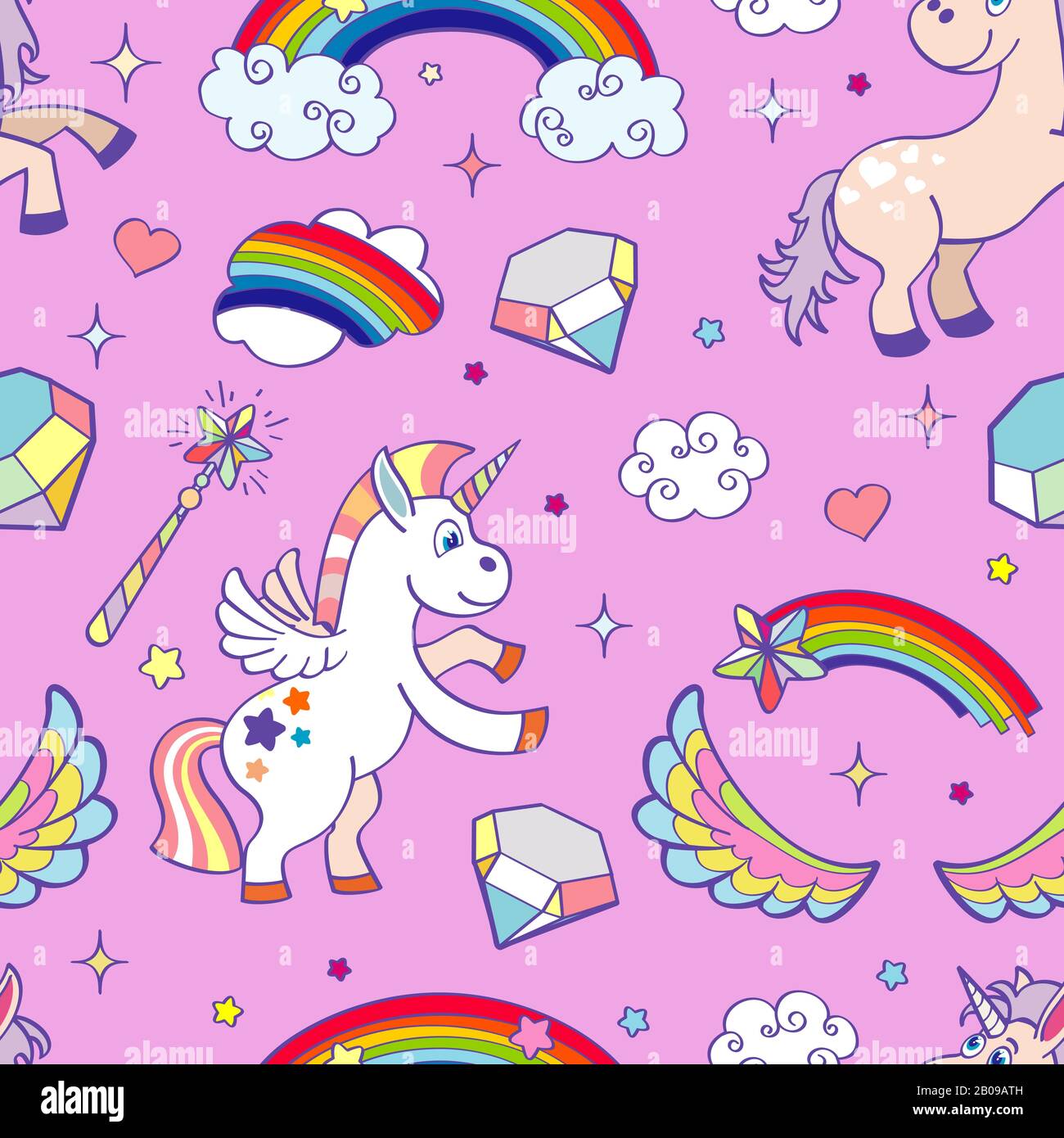 Pink vector hand drawn unicorns seamless pattern. Children fantasy ...