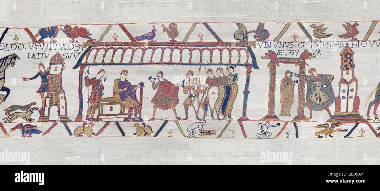 Bayeux Tapestry scene 15 Dule William of Normandy hold discussions with Harold and, right