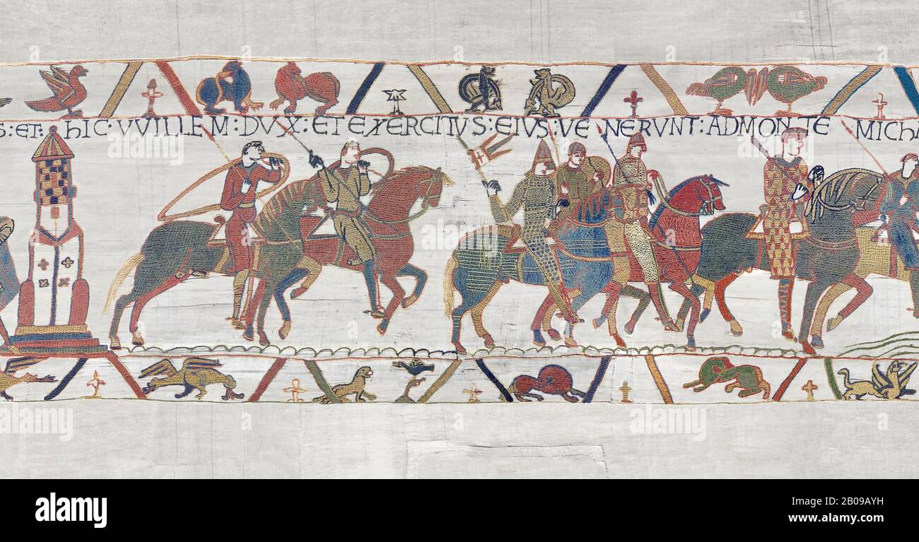 Bayeux Tapestry scene 16: Harold rides with Duke William to fight Conan, Duke of Britany.  BYX16 Stock Photo