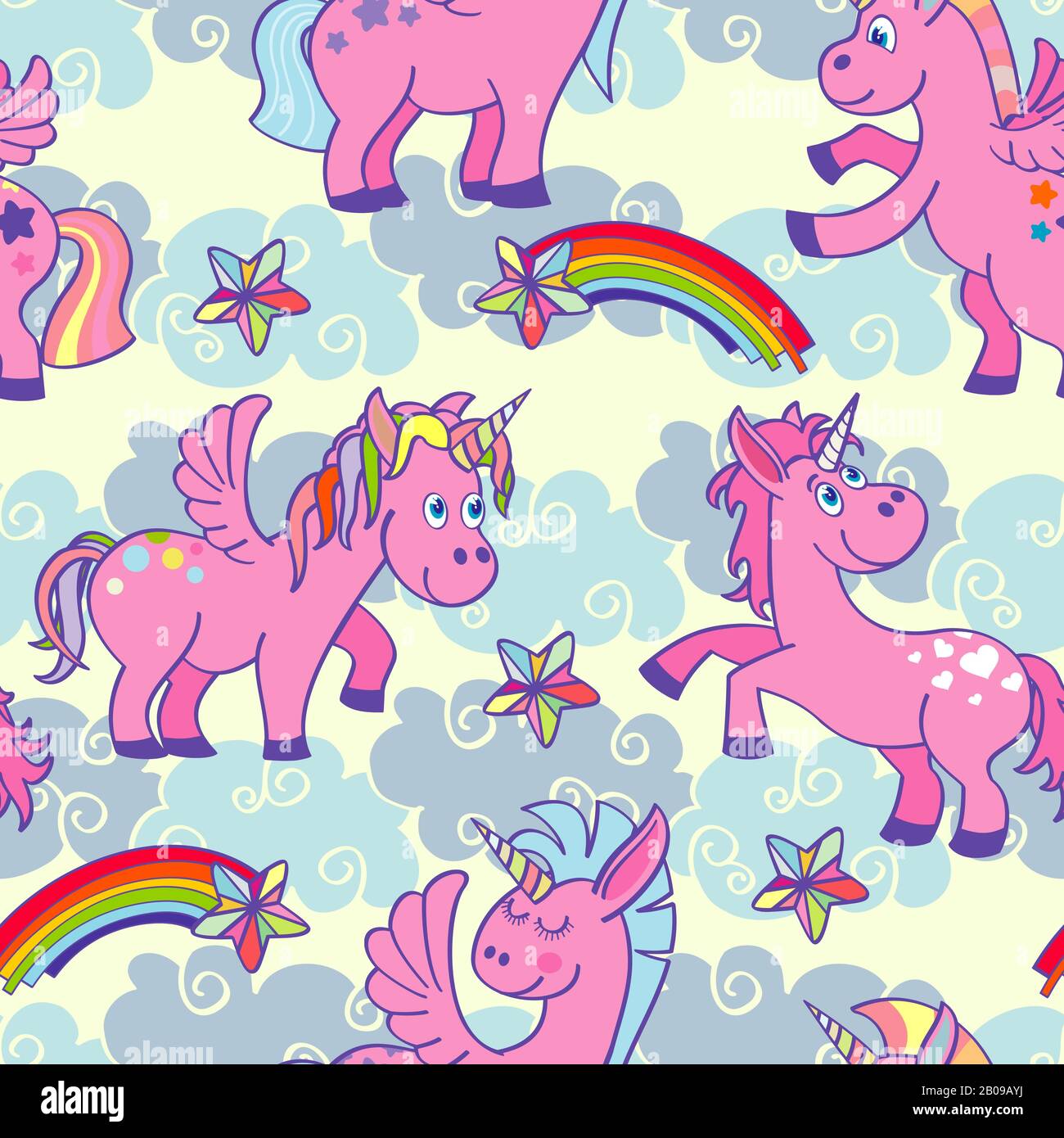 Pastel colored vector hand drawn unicorns seamless pattern. Magic design background illustration Stock Vector