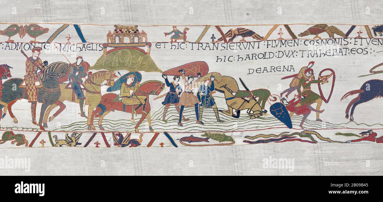 Bayeux Tapestry scene 17 : Crossing the Couesnon River near Mont St Michele, Duke Williams Soldiers sink in quicksand. BYX17 Stock Photo