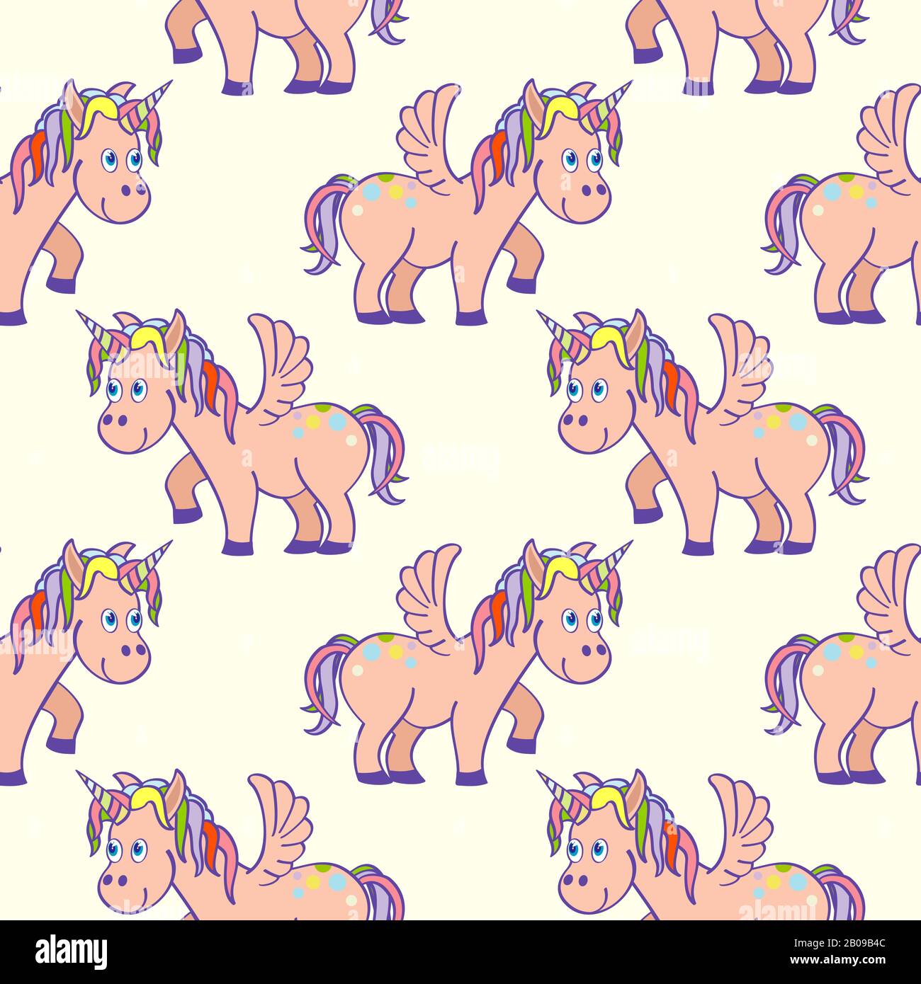 Pastel colored hand drawn unicorns seamless pattern. Magic pony with horn illustration Stock Vector