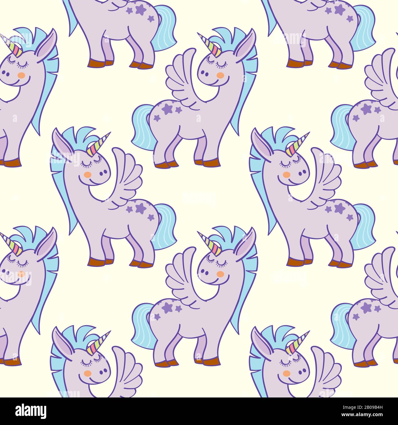 Pastel colored hand drawn unicorns seamless pattern. Magic background illustration Stock Vector