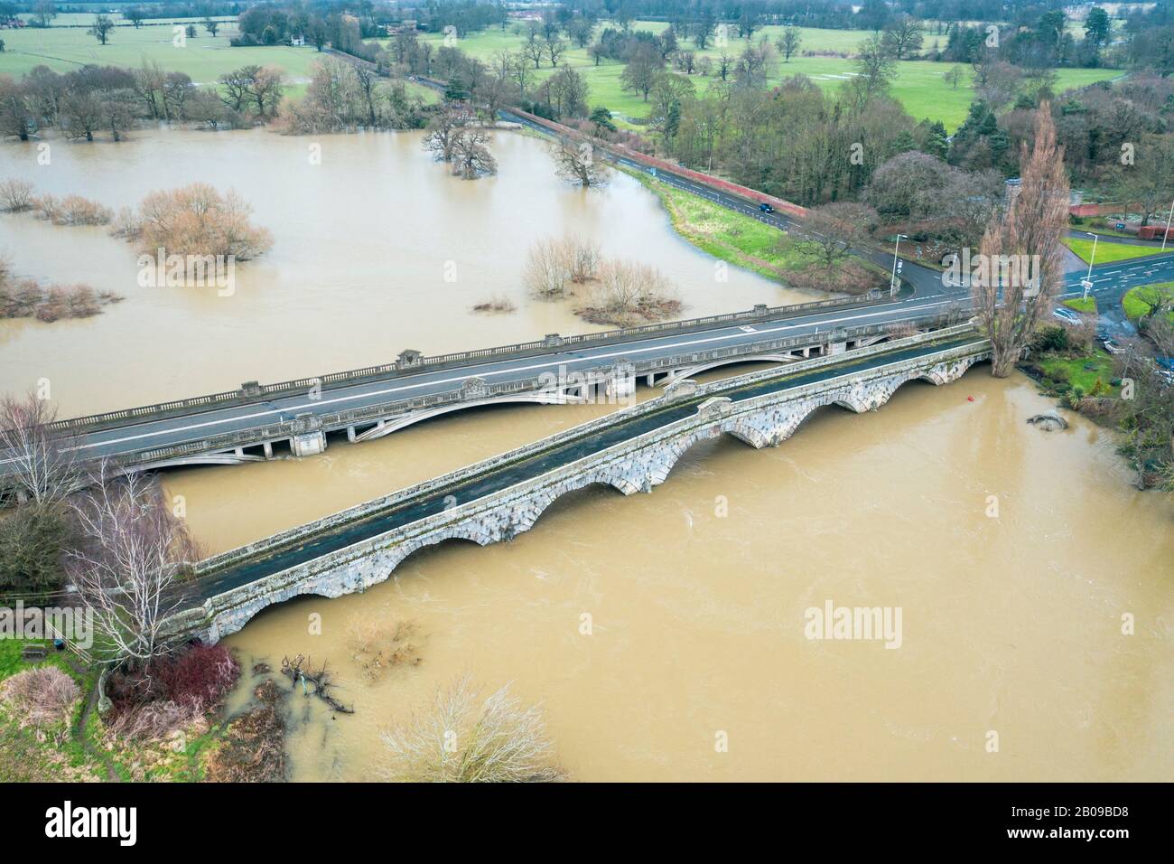 Atcham Bridge in flood after Storm Dennis in Shropshire, United Kingdom Stock Photo