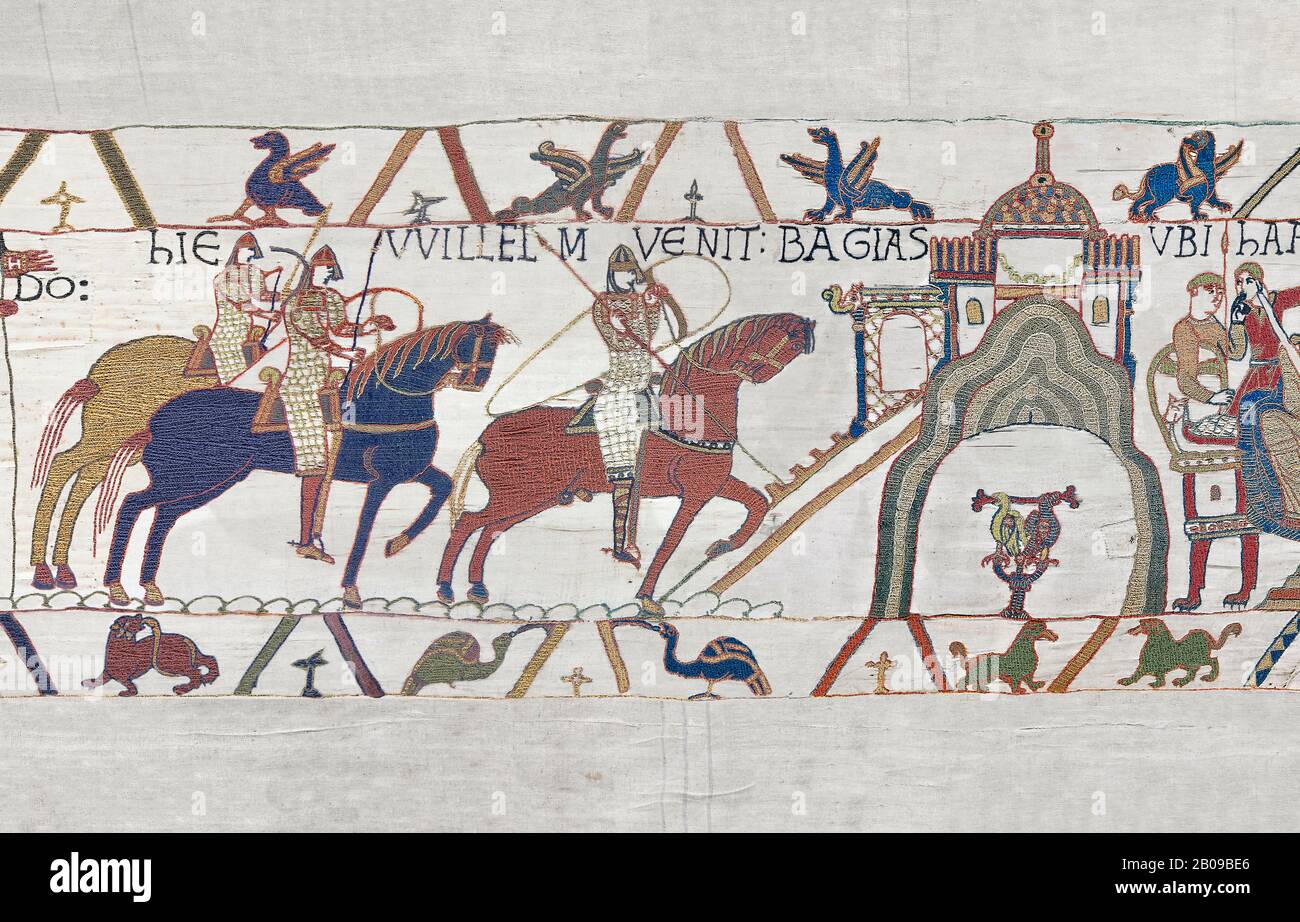 Bayeux Tapestry scene 22:  Duke William and Harold ride to Bayeux after defeating Duke of Britany. BYX22 Stock Photo