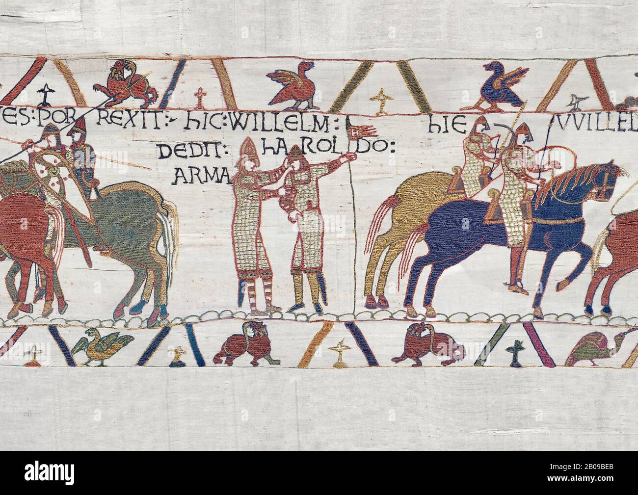 Bayeux Tapestry scene 21 : Duke William knights Harold for fighting against Duke of Britany. BYX21 Stock Photo