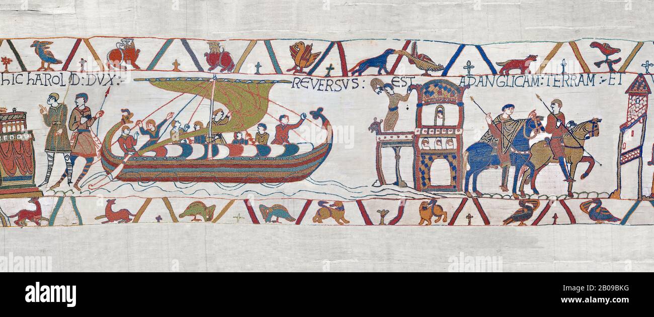 Bayeux Tapestry scene 23 : Having sworn fealty to Duke William Harold sails back to England. BYX23 Stock Photo
