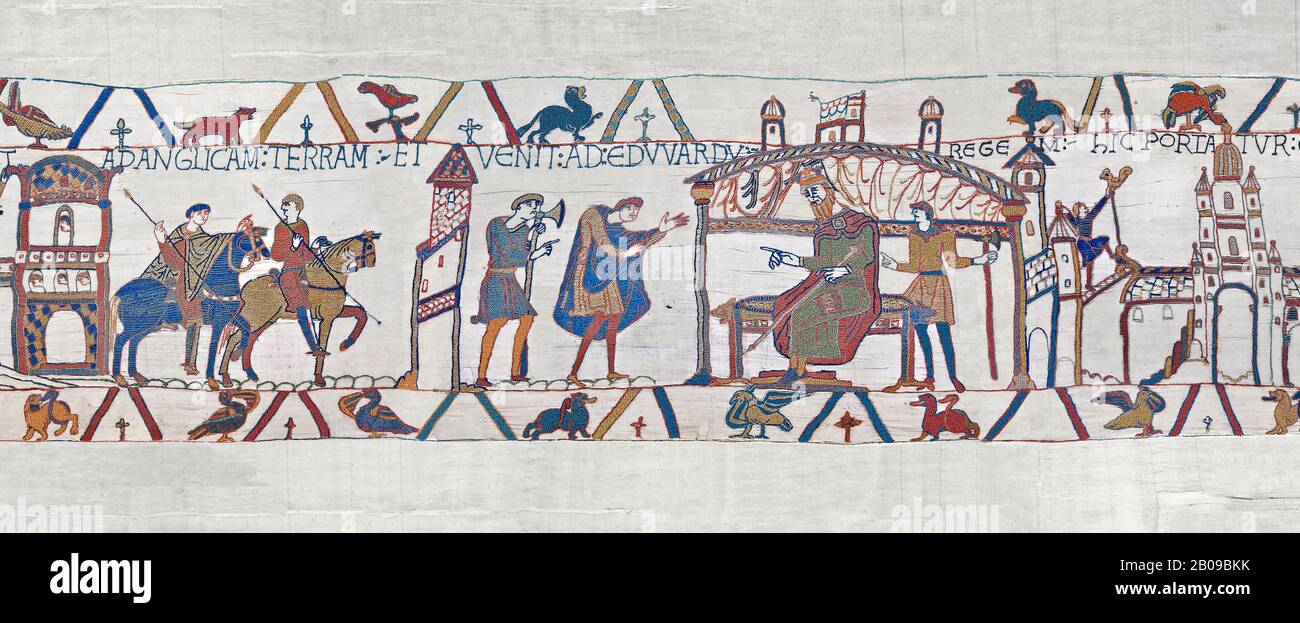 Bayeux Tapestry scene 25: Harold reports to Edward thr Confessor about his mission to see Williams in Normandy. BYX25 Stock Photo