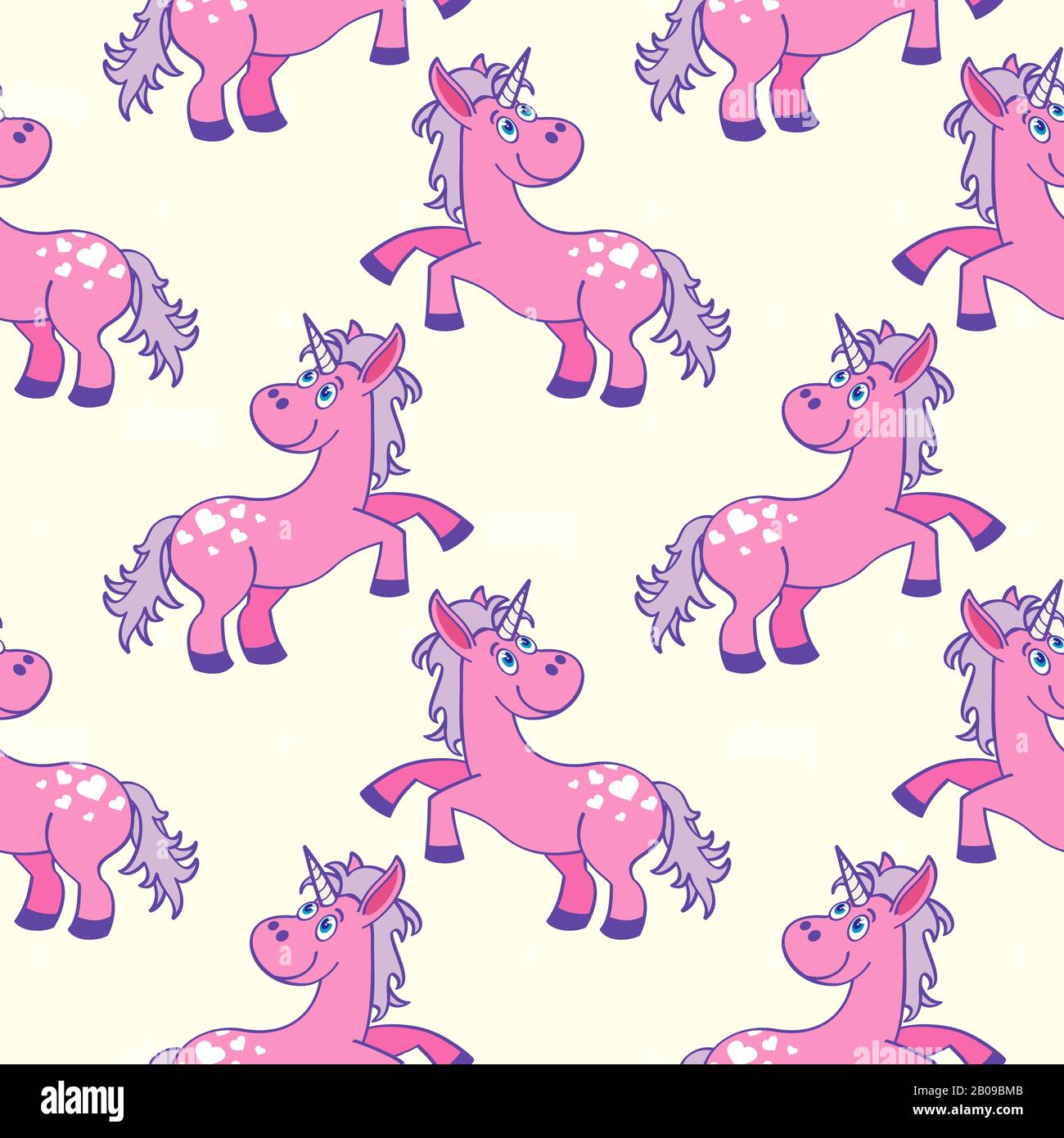 Pastel colored hand drawn unicorns seamless pattern. Background fantasy pony illustration Stock Vector