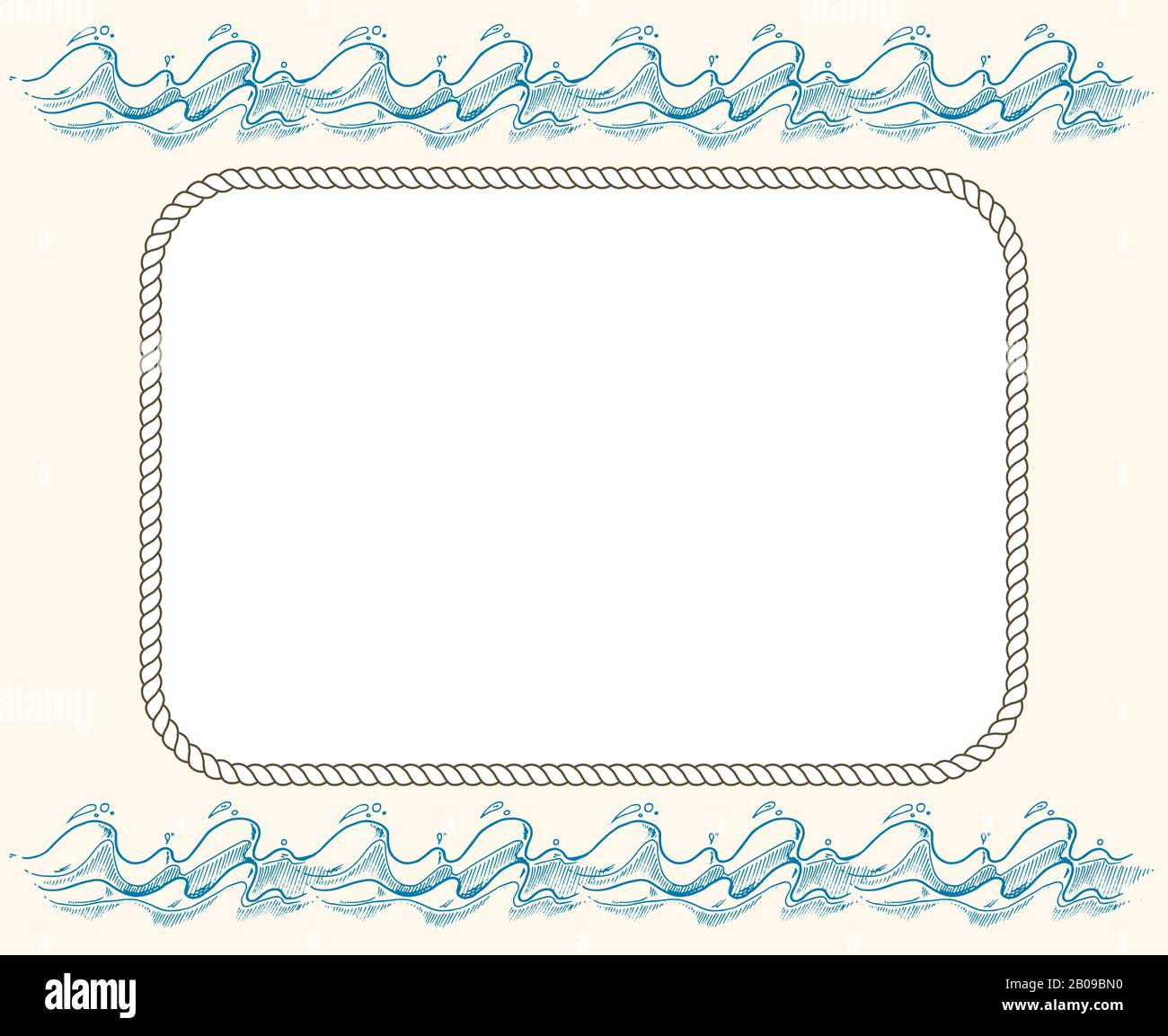 Nautical vector frame with ropes and blue waves. Vintage template of frame illustration Stock Vector