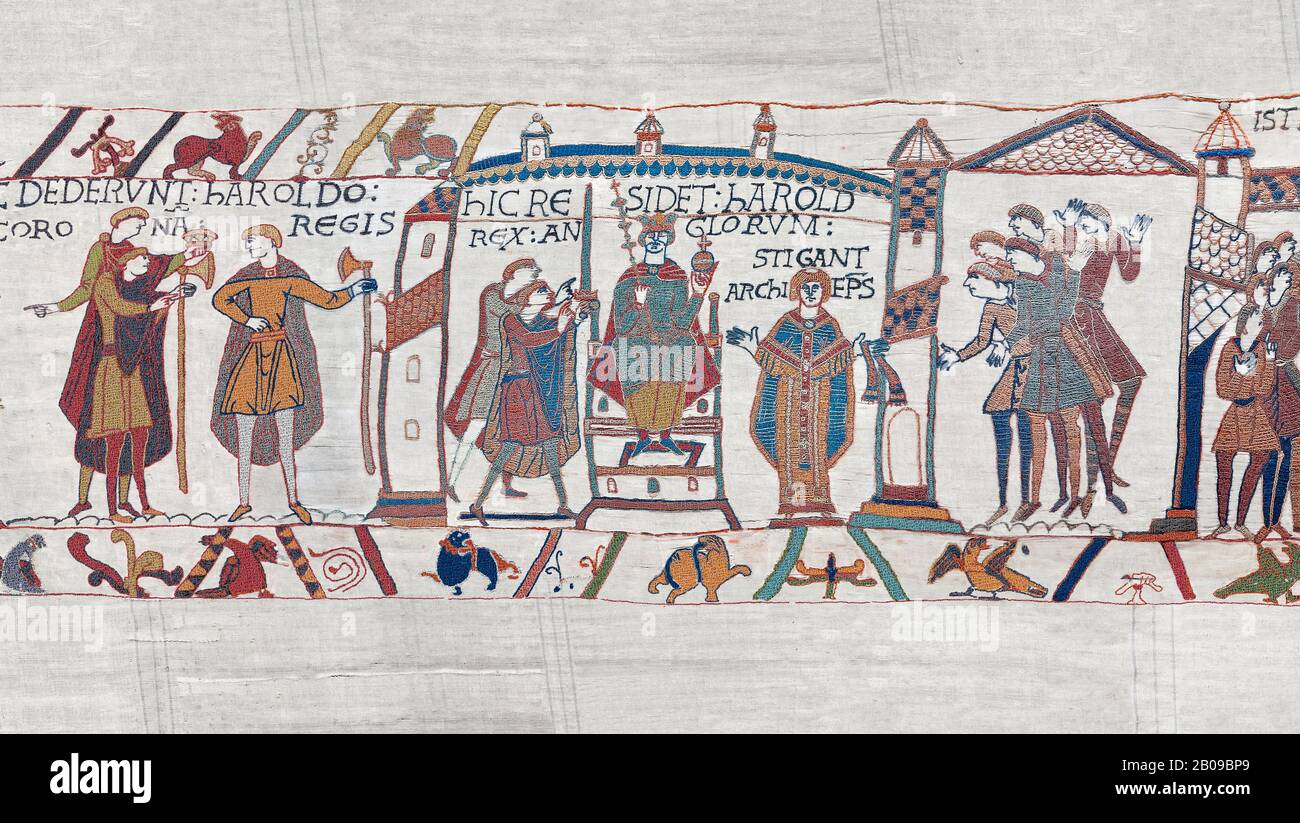 Bayeux Tapestry scene 29 - 30: Harold is proclaimed King then crowned.  BYX29 & BYX30 Stock Photo
