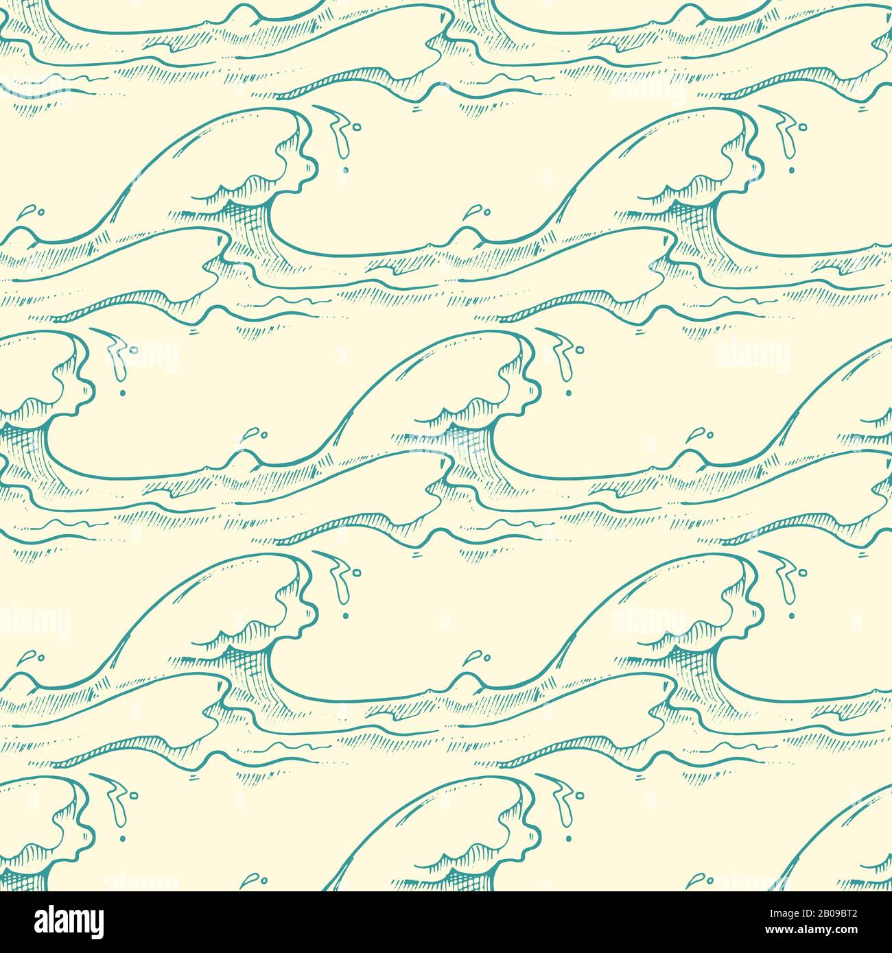 Green hand drawn waves vector seamless pattern. Line ocean background illustration Stock Vector