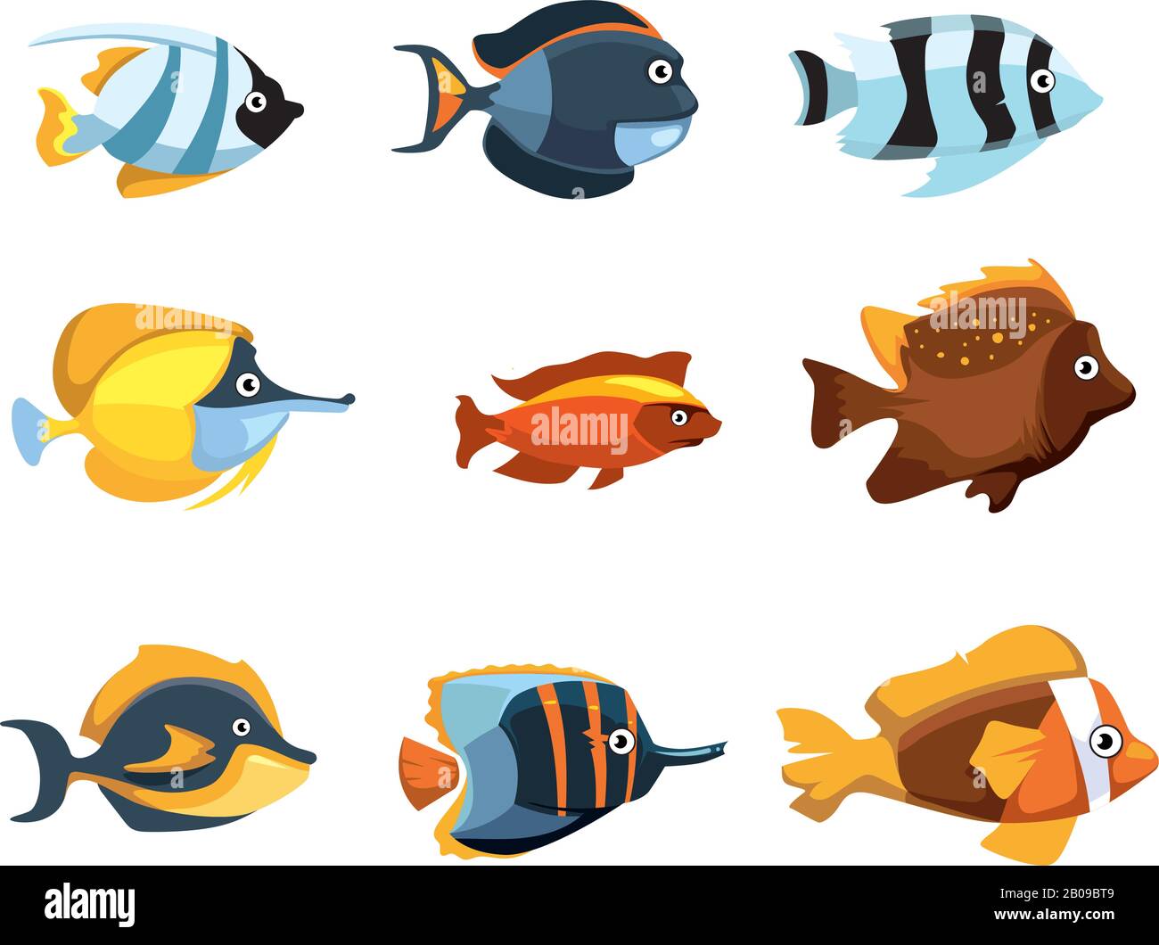 Cute cartoon tropical exotic freshwater aquarium fishes vector set. Animal colored fish, illustration of nature fish Stock Vector