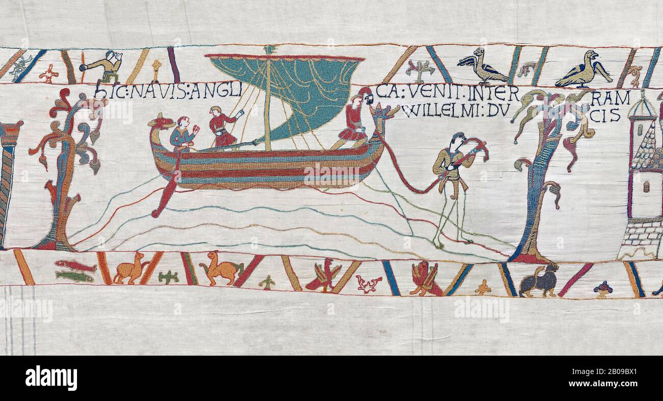 Bayeux Tapestry scene 34:  Messengers sail from England to tell Duke William of Harold's corination. BYX34 Stock Photo
