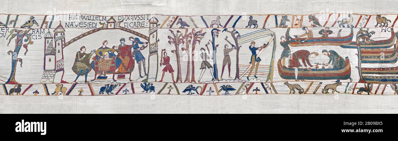Bayeux Tapestry scene 35:  Duke William reacts to Harold's Corination by ordering an invasion fleet to be built. BYX35 Stock Photo
