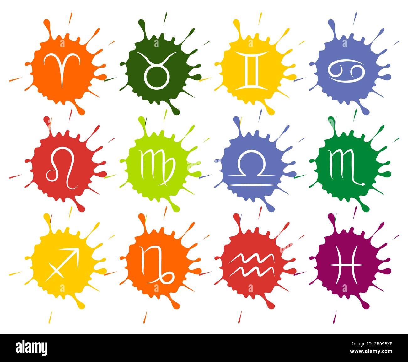 Set of vector Zodiac signs colorful paint drops. Zodiac sign on splash paint illustration Stock Vector