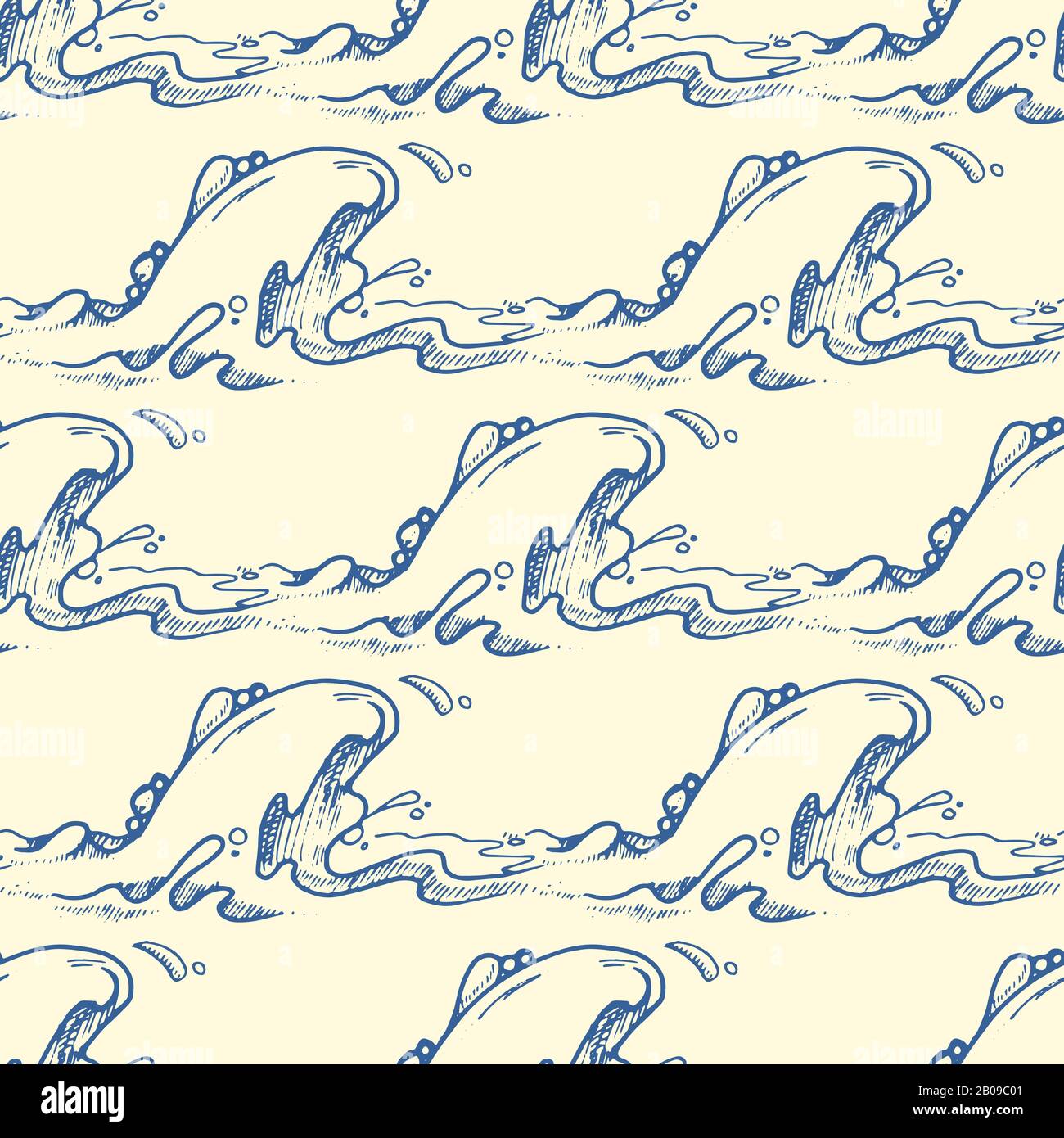 Blue hand drawn waves vector seamless pattern. Sea or ocean wave background illustration Stock Vector