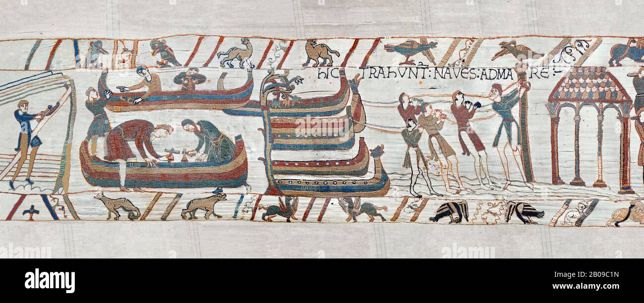 Bayeux Tapestry scene 36: The Normans launch an invasion fleet BYX36 Stock Photo