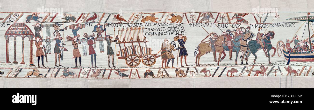 Bayeux Tapestry scene 37:  weapons, wine and horses are loaded on Duke Williams's invasion fleet. BYX37 Stock Photo