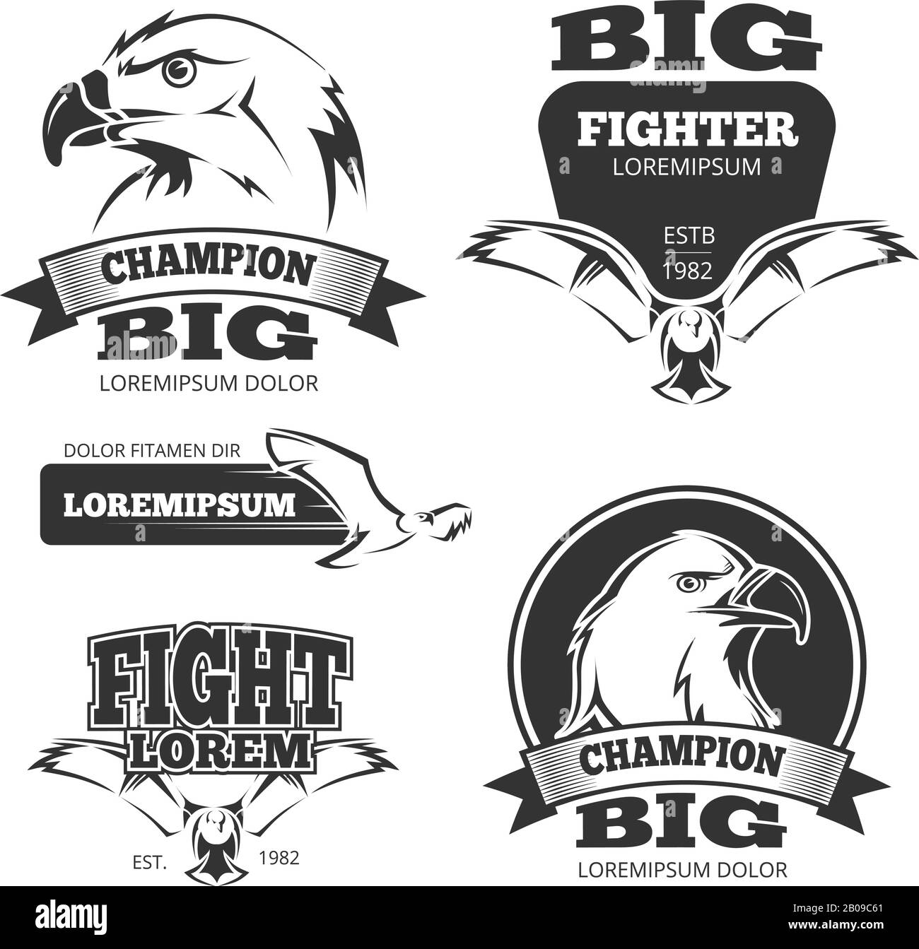 Military eagle heraldry vector labels, logos. Emblems with eagle and vintage decoration with mascot eagle illustration Stock Vector