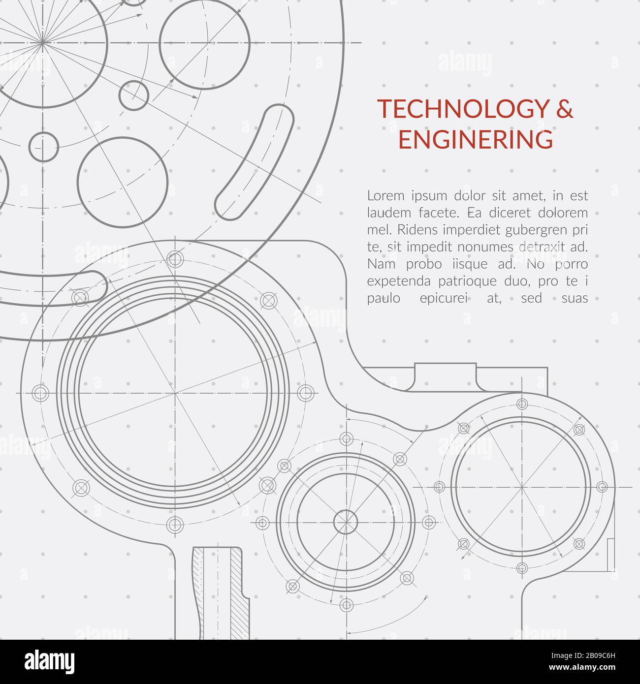 Abstract vector technology and engineering background with technical, mechanical drawing blueprint. Banner with mechanism engineering, blueprint structure of mechanism illustration Stock Vector