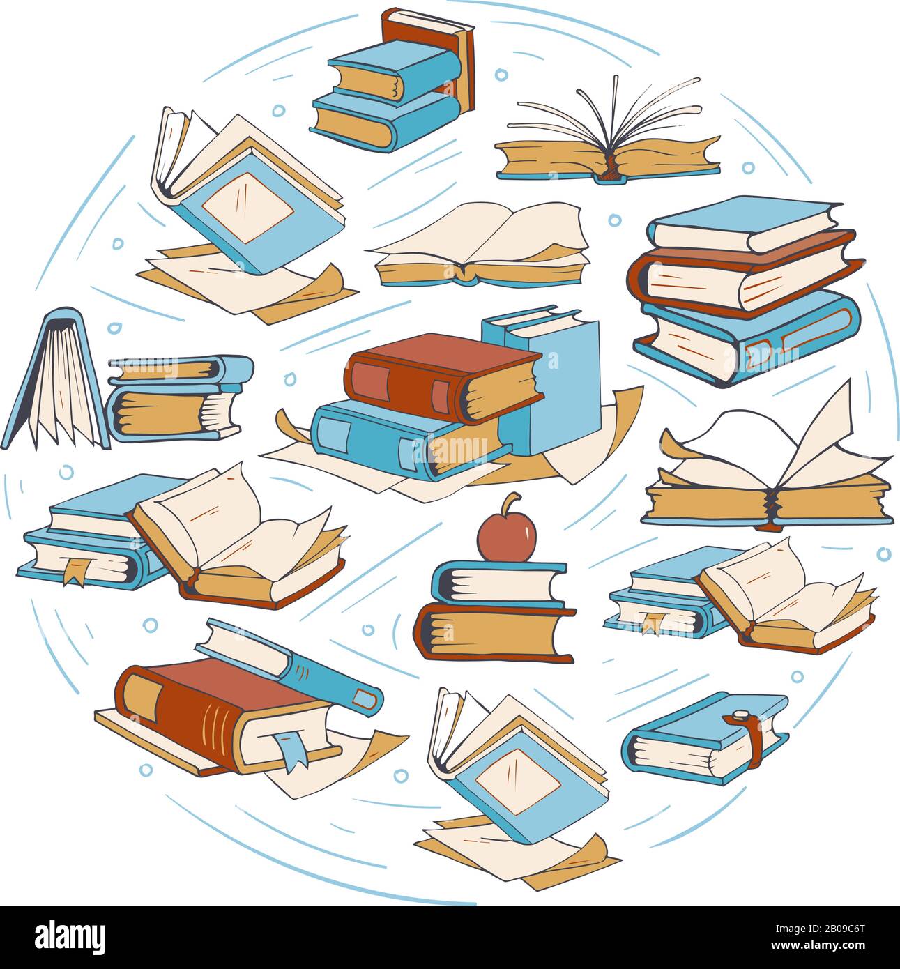 Sketch doodle drawing books, library, book club vector logo. Round of badge  with open books, page of textbook for reading illustration Stock Vector  Image & Art - Alamy