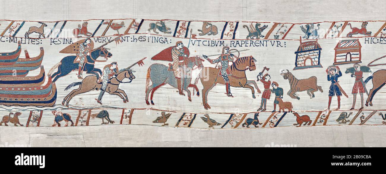 Bayeux Tapestry scene 40:  Norman soldiers ride to Hastings to make camp. BYX40 Stock Photo