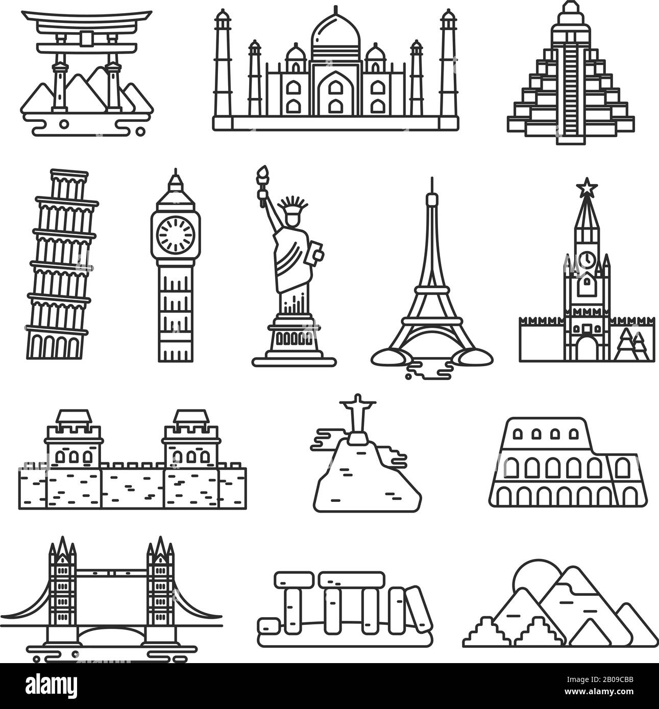 International country landmark vector line icons. Set of landmarks famous monument, stonehenge landmark and coliseum illustration Stock Vector
