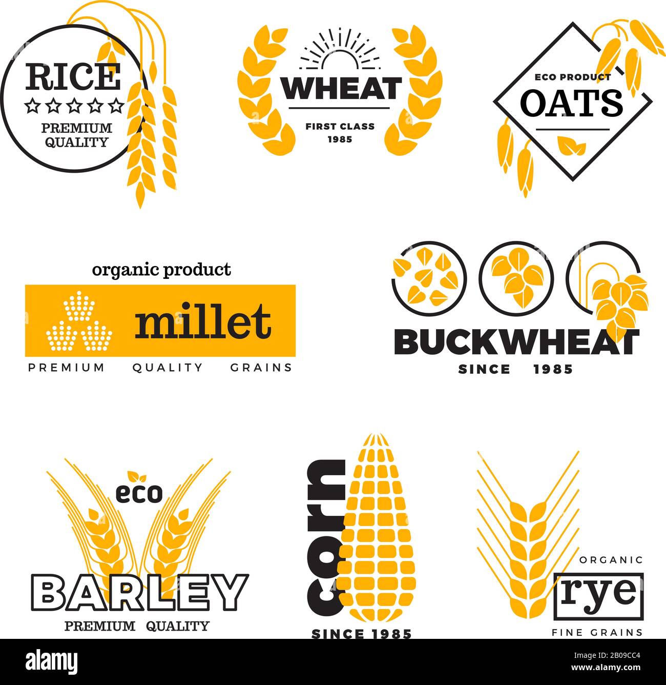 Organic wheat grain farming agriculture vector logo set. Logo with grain, emblem farming natural golden grains illustration Stock Vector