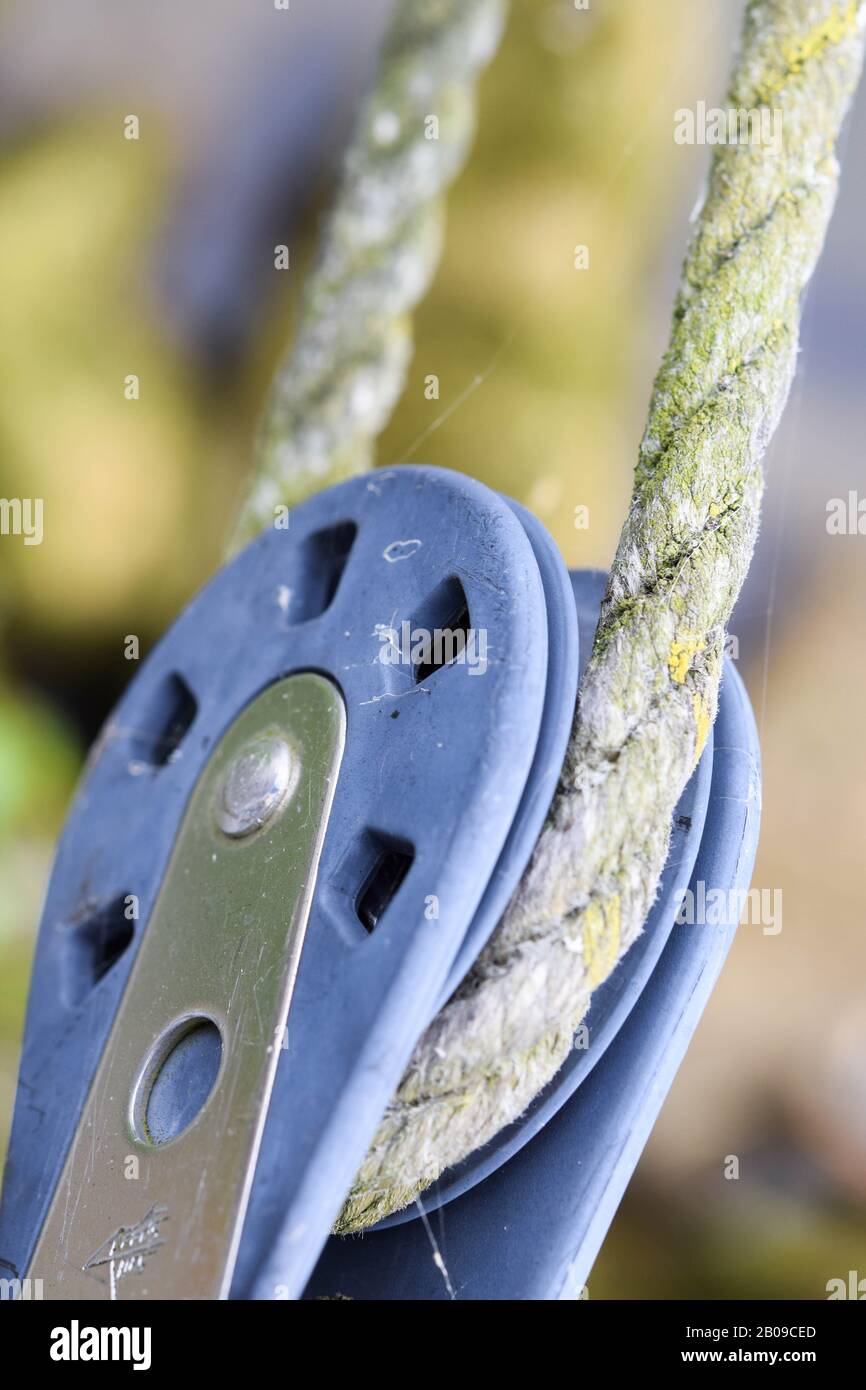 Pulley or cable, wire pull- The rigging element on the yacht or boat Stock Photo