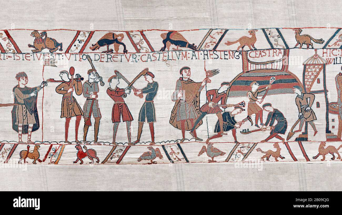 Bayeux Tapestry scene 45:  Norman soldiers train and built a fortified camp. BYX45 Stock Photo