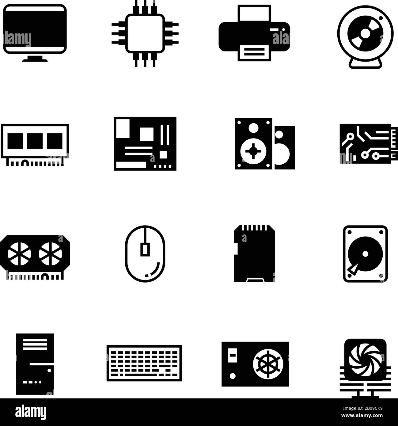 Computer hardware, hdd memory, ram, microchip, cpu vector icons. Component hardware computer, device microchip and hdd memory disk for computer illustration Stock Vector