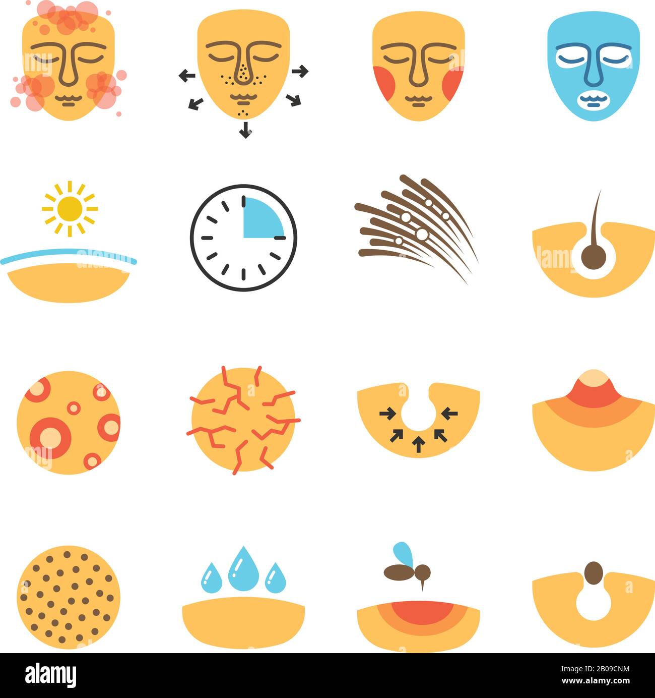 Skin, face problems, acne treatment, skin protect vector icons. Problem with skin icons Stock Vector