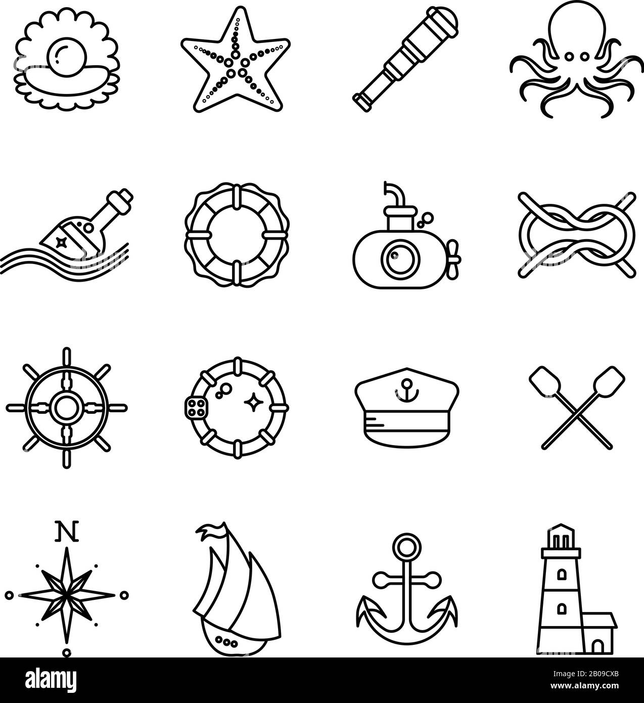 Marine, sea, nautical thin line vector icons. Nautical boat and nautical lighthouse illustration Stock Vector