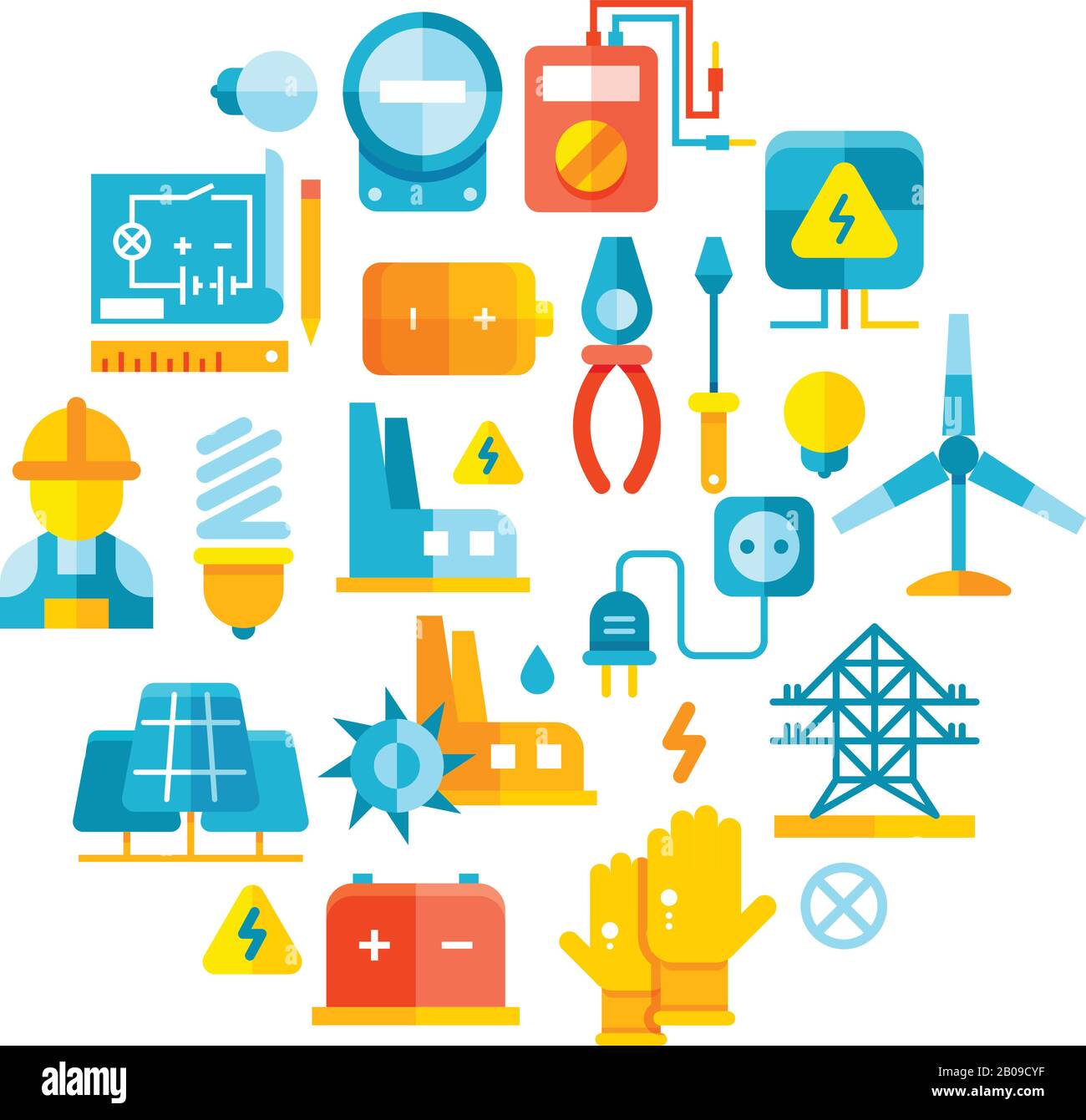 Electric power, electrical lines, electricity vector concept with flat