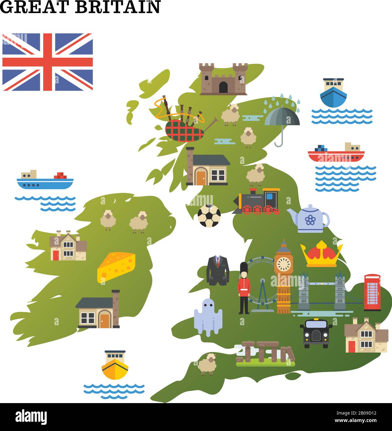 United Kingdom travel map with landmark icons vector illustration. Map of United Kingdom with famouse landmarks Stock Vector