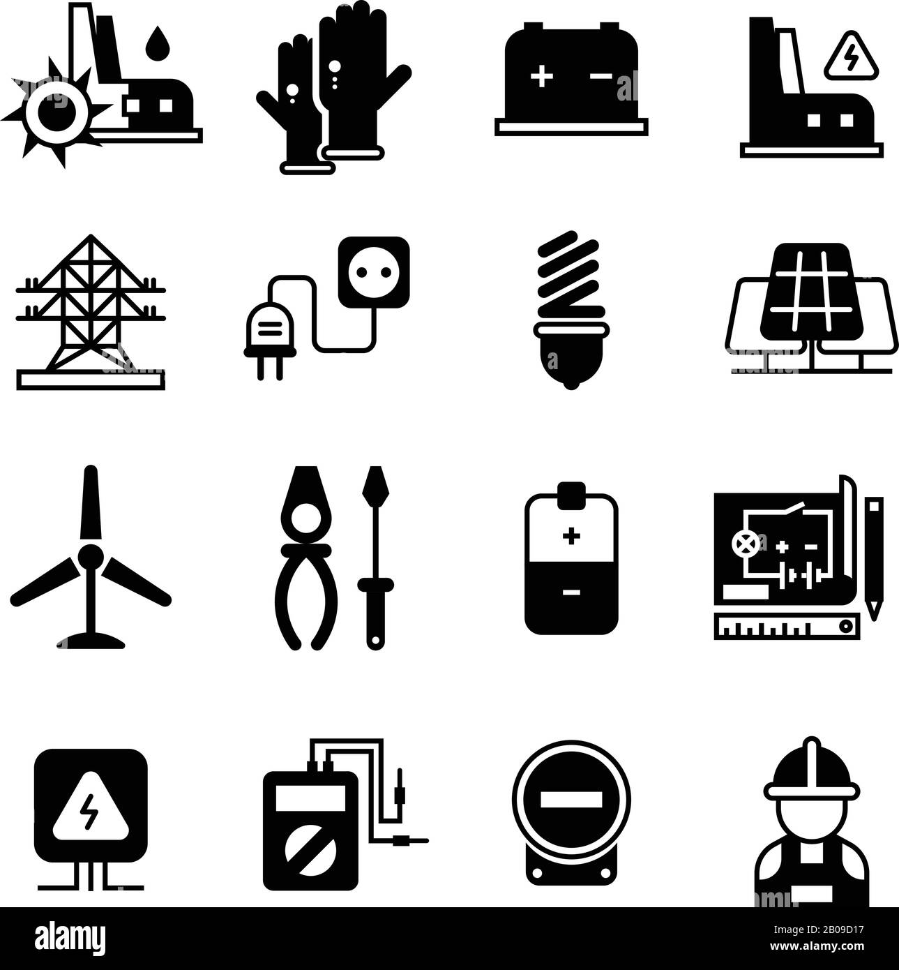 Electric power plant, electricity, electronic tools vector icons. Electric industrial signs set, illustration of black electric transformer silhouette Stock Vector