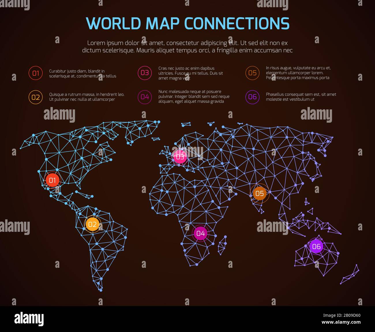 Vector world polygonal map communication infographic template with legend. World linear map, illustration of global map internet Stock Vector