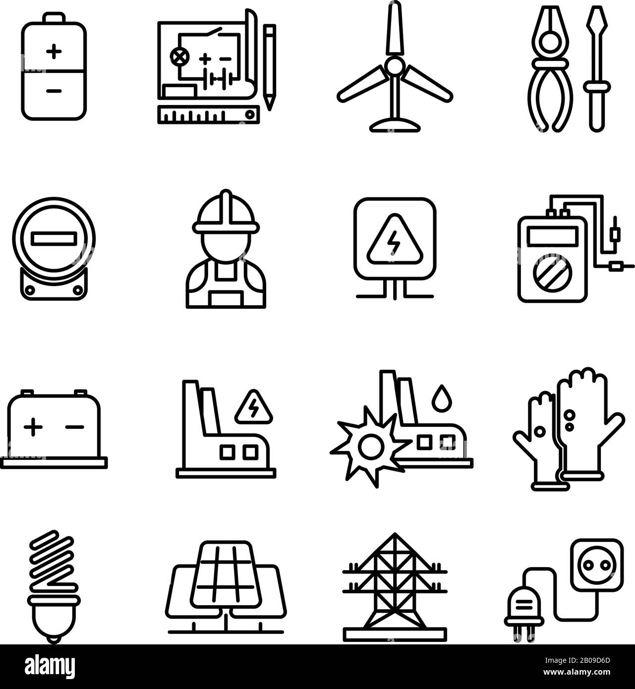 Electricity industry, electrical engineering vector line icons. Energy power electrical industry, building electrical station illustration Stock Vector