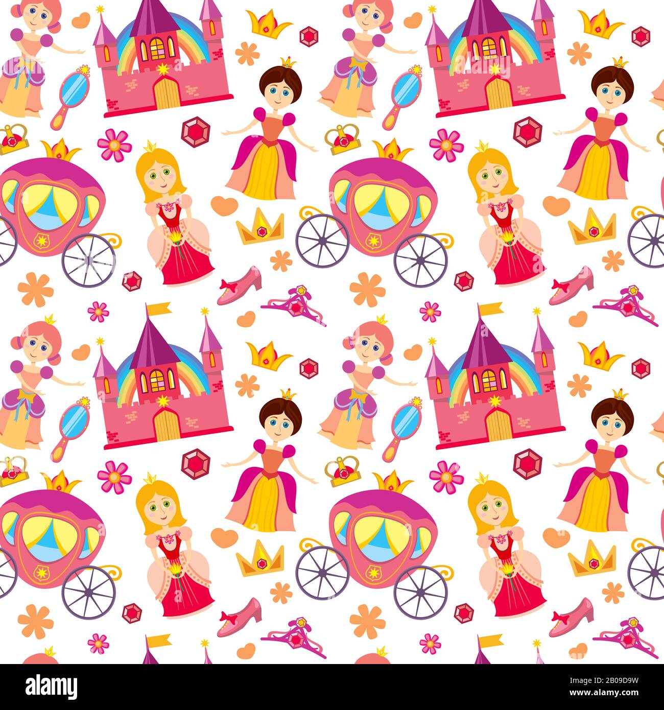 Beautiful princess vector seamless pattern, magic background for girls with princess medieval castle abd colored flower illustration Stock Vector
