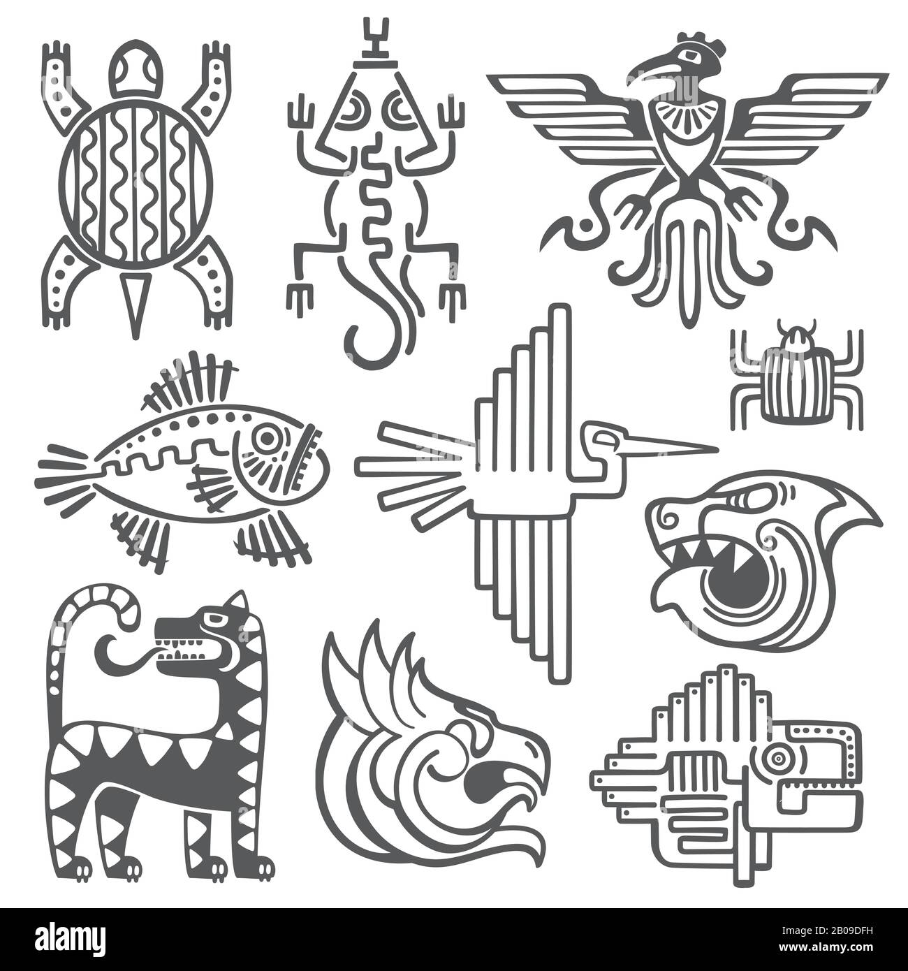 Historic aztec, inca vector symbols, mayan temple pattern, native american culture signs. Tattoo ancient tribes in form of abstract animals illustration Stock Vector