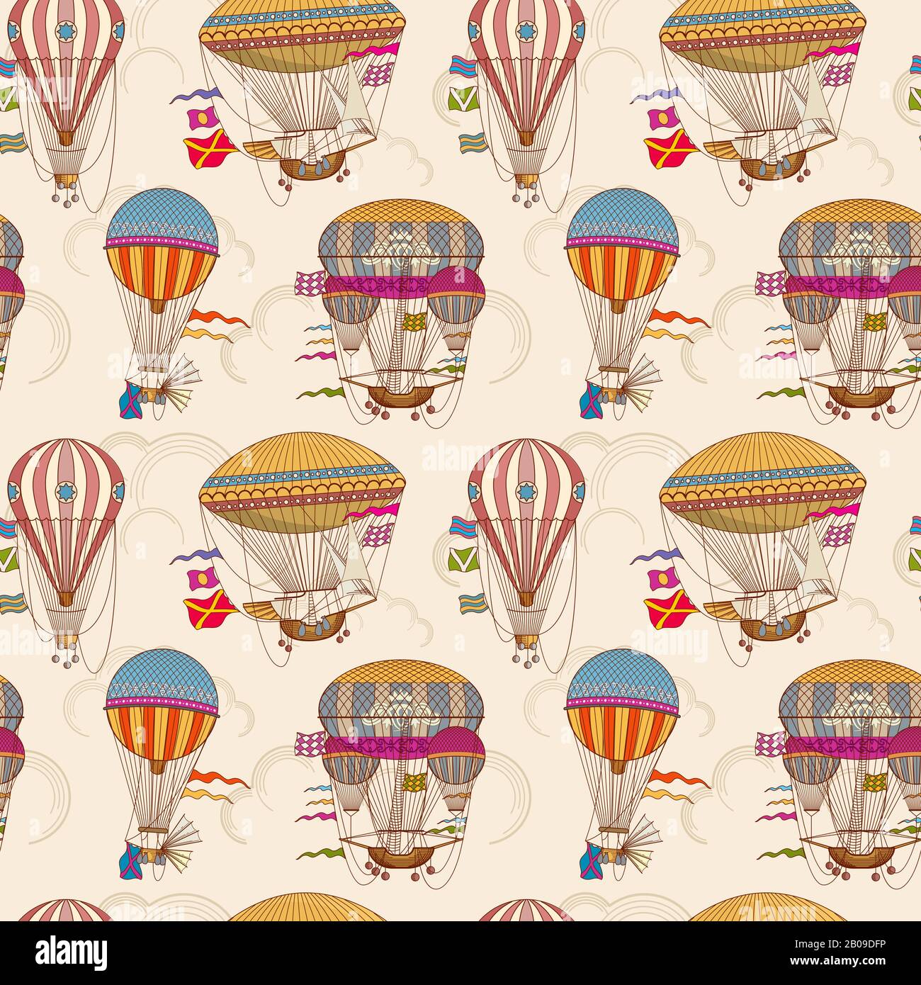 Retro air hot balloons seamless childrens vector background. Color pattern with striped air hot balloons illustration Stock Vector