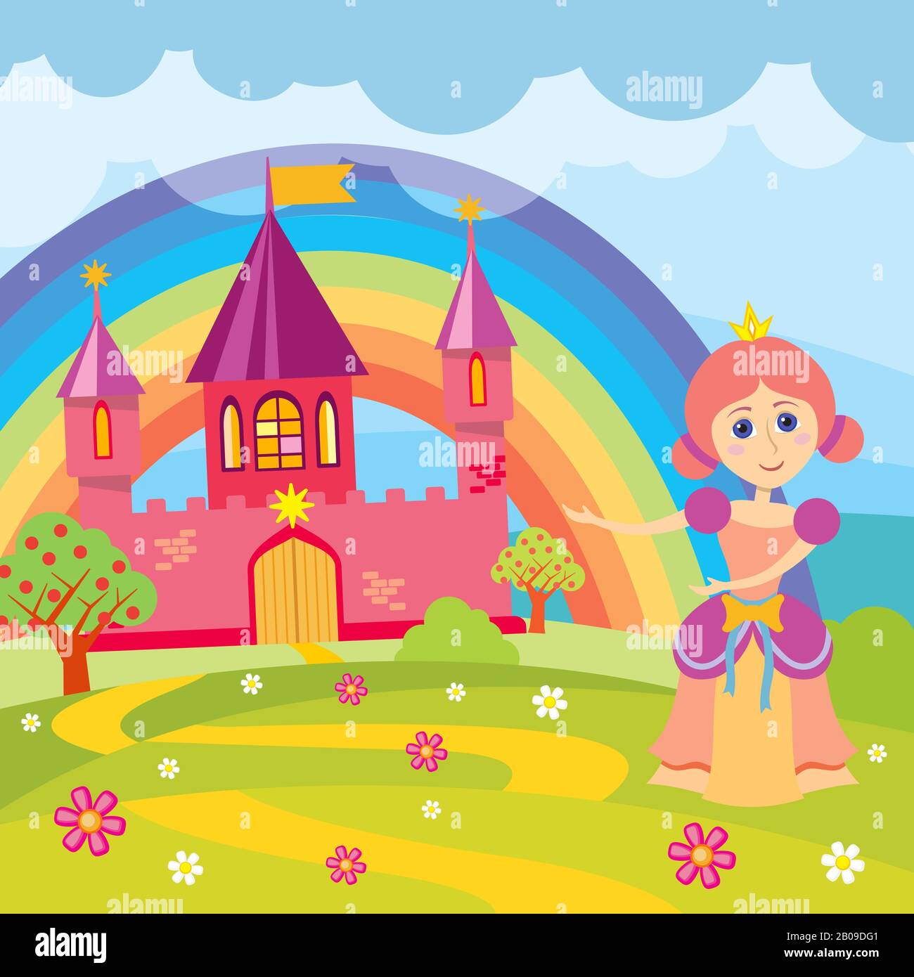 Cartoon princess and fairytale castle with landscape vector illustration. Fairytale kingdom with architecture drawing medieval castle Stock Vector