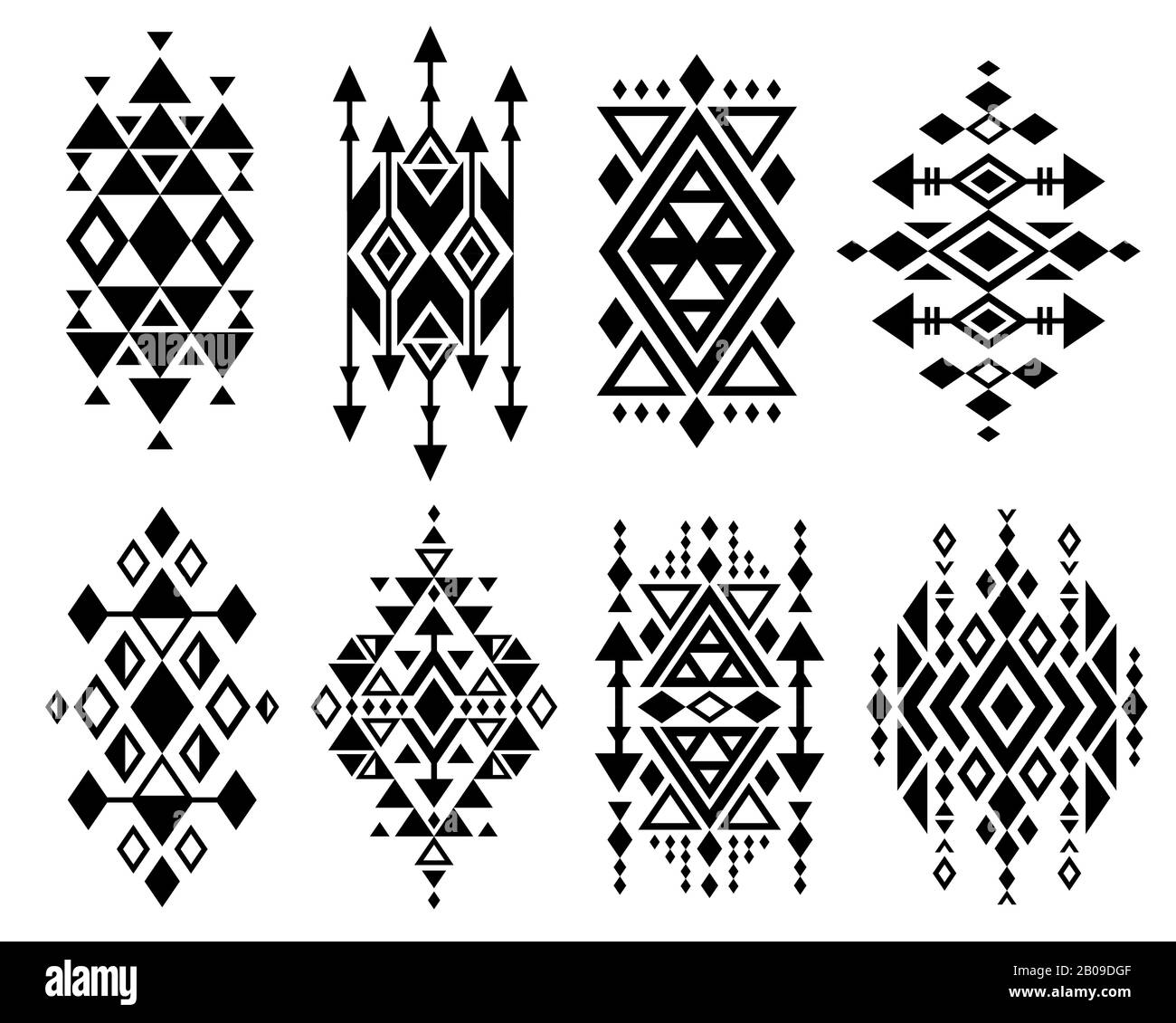 Vintage mexican aztec tribal traditional vector logo design, navajo prints set. Decoration traditional aztec design, ilustration of geometric aztec tribal tattoo Stock Vector